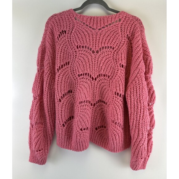Slate And Willow Pink Open Knit Sweater Cardigan Crochet Button Womens Medium - Picture 4 of 10